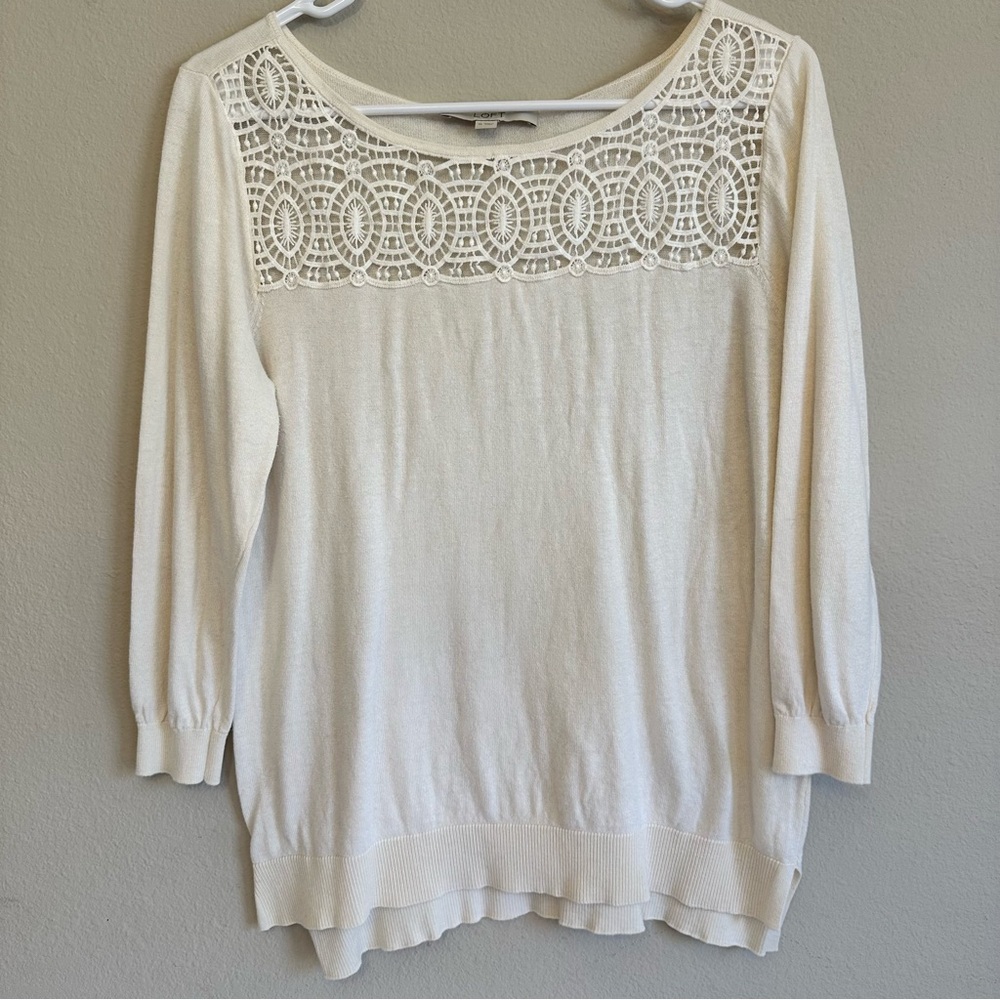 LOFT Silk Cotton Blend Crochet Lace Trim‎ Off-White Sweater Women’s Medium
